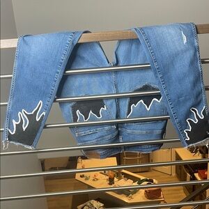 Madewell Blue Flame-Patterned Women's High Rise Jeans hand painted